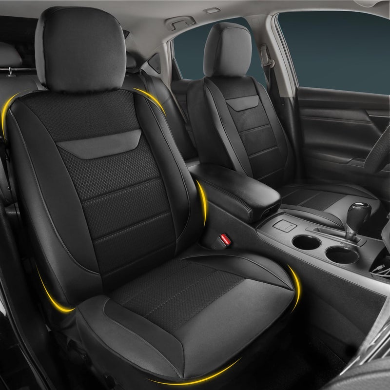 kingphenix 2 Pack Front Memory Foam Leather Car Seat Covers  Breathable 4D Mesh  Easy Install Automotive Seat Protectors  Airbag Compatible  Universal Fit for Cars  Trucks  Vans  SUV - Black - Image 1